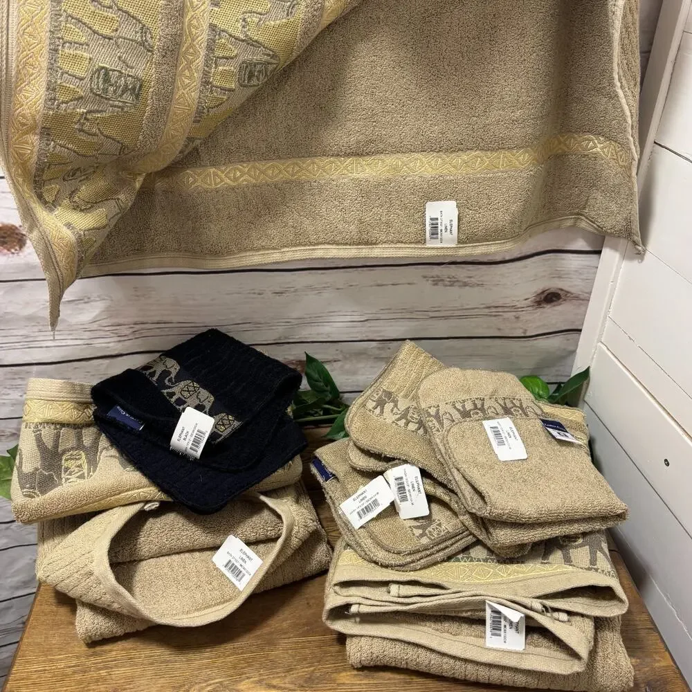 Charter Club 3 Bath Towels 4 Wash Cloth Elephant Safari Egyptian Gold Camel NEW